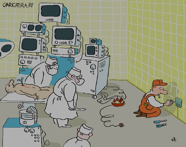 Карикатура "Монтёр в операционной", Василий Александров