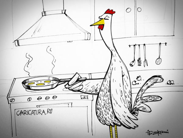 Карикатура "Курица или яйцо - Яичница", Евгений Баторский