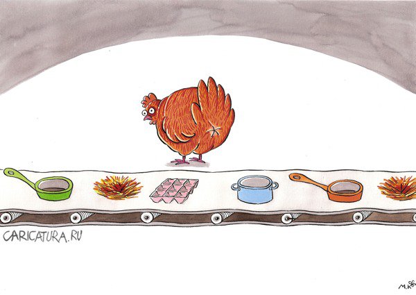 Карикатура "Курица или яйцо - Конвейер", Мехмет Кахраман