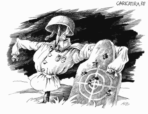 Карикатура "Солдат и мишень", Серик Кульмешкенов